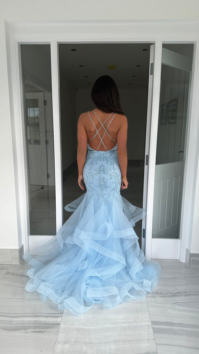 Baby Blue Straight Neck Fishtail Prom Dress