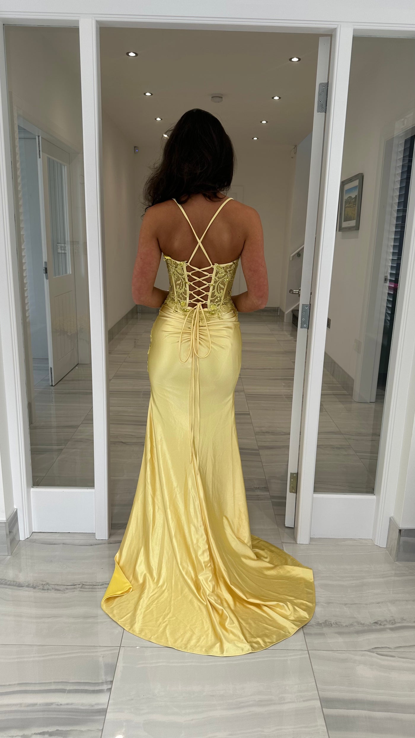 Yellow/Lemon Satin Corset Style Lace Split