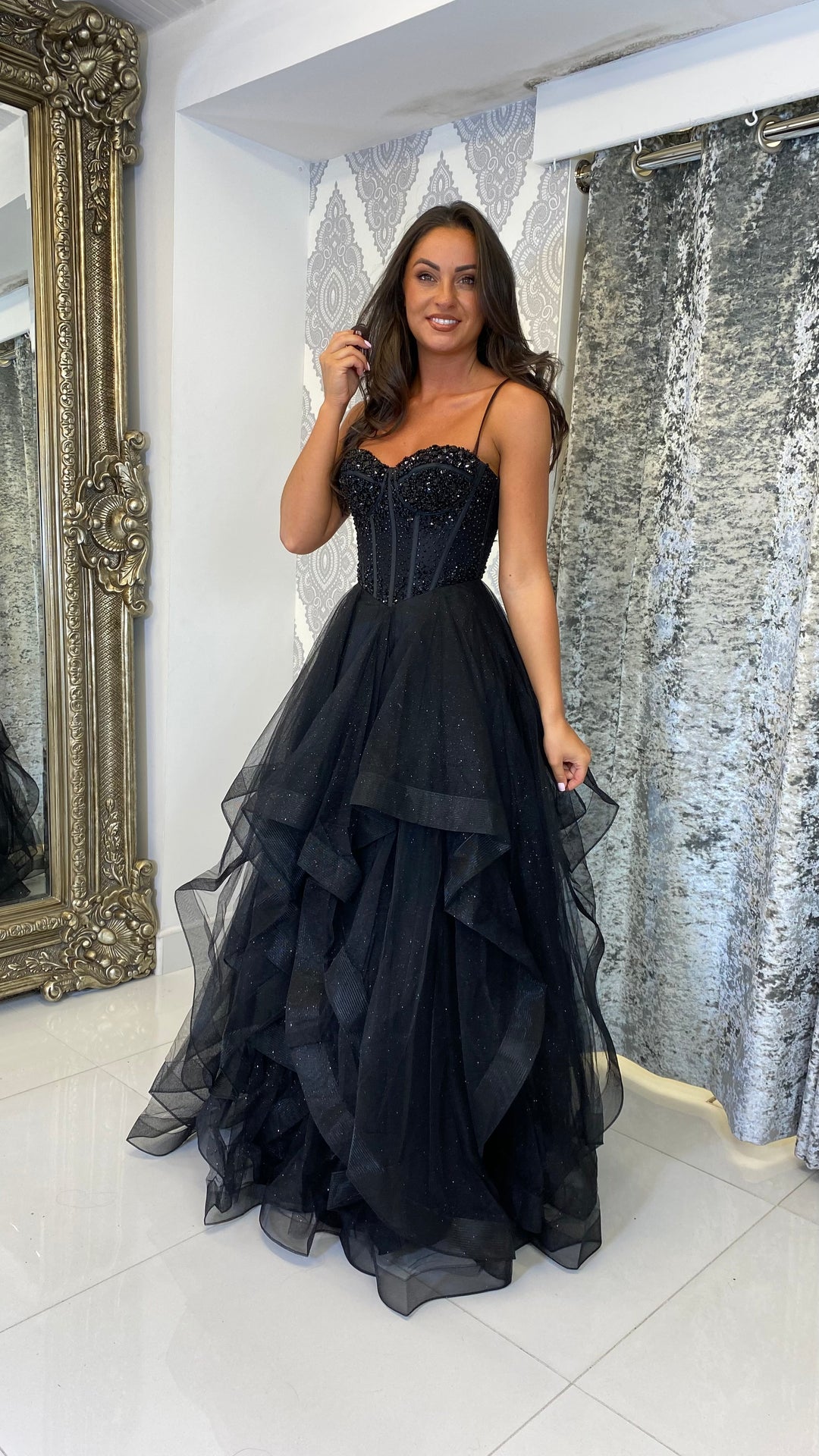 Ball Gown Tiered Skirt Prom Dress Black Corset Tiered Skirt Ball
