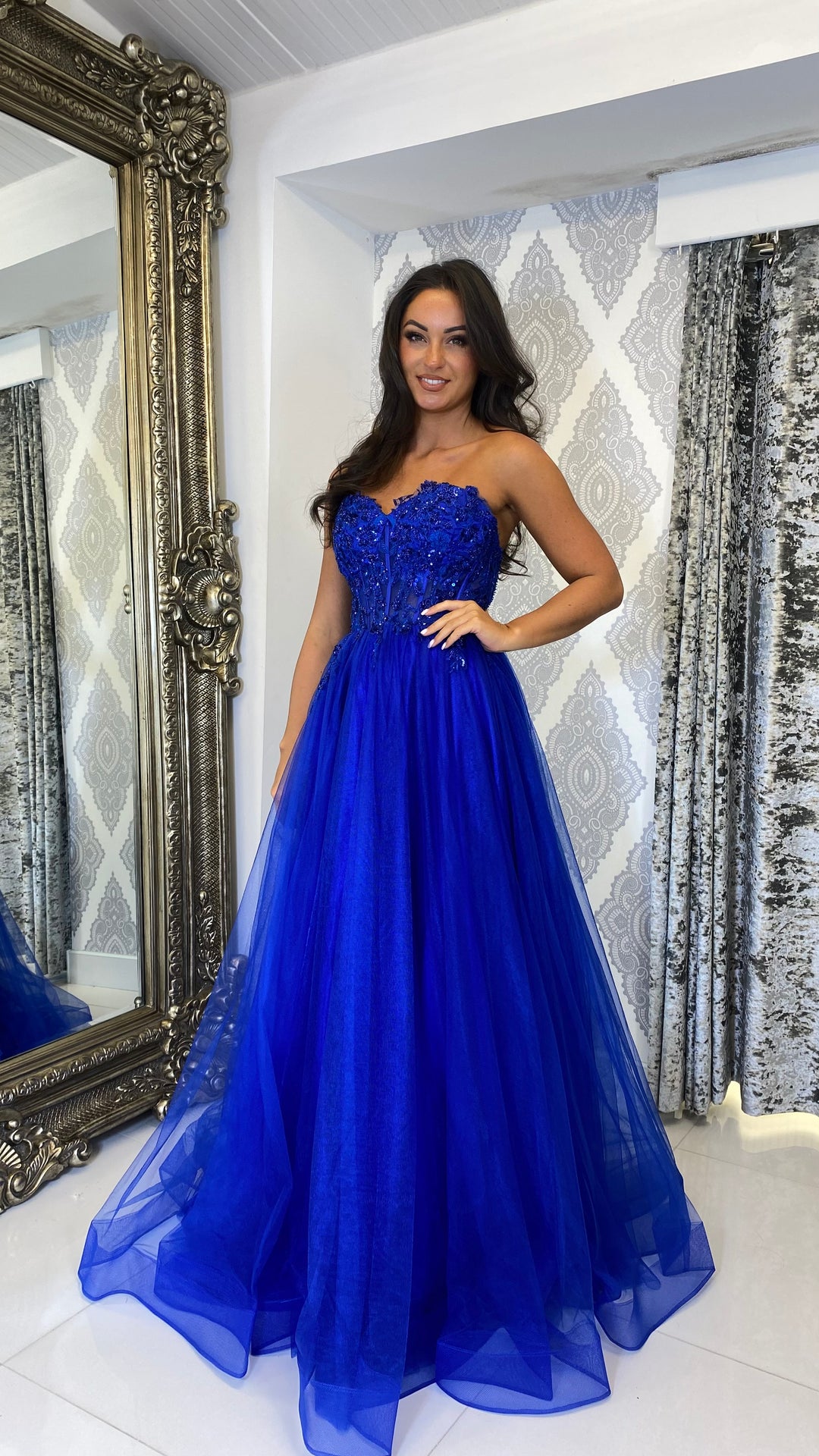 royal blue ball dress Faux-Wrap Long Sequin Prom with Strappy Back / Medium Train Neckline Ball Gown Royal Blue Outfits