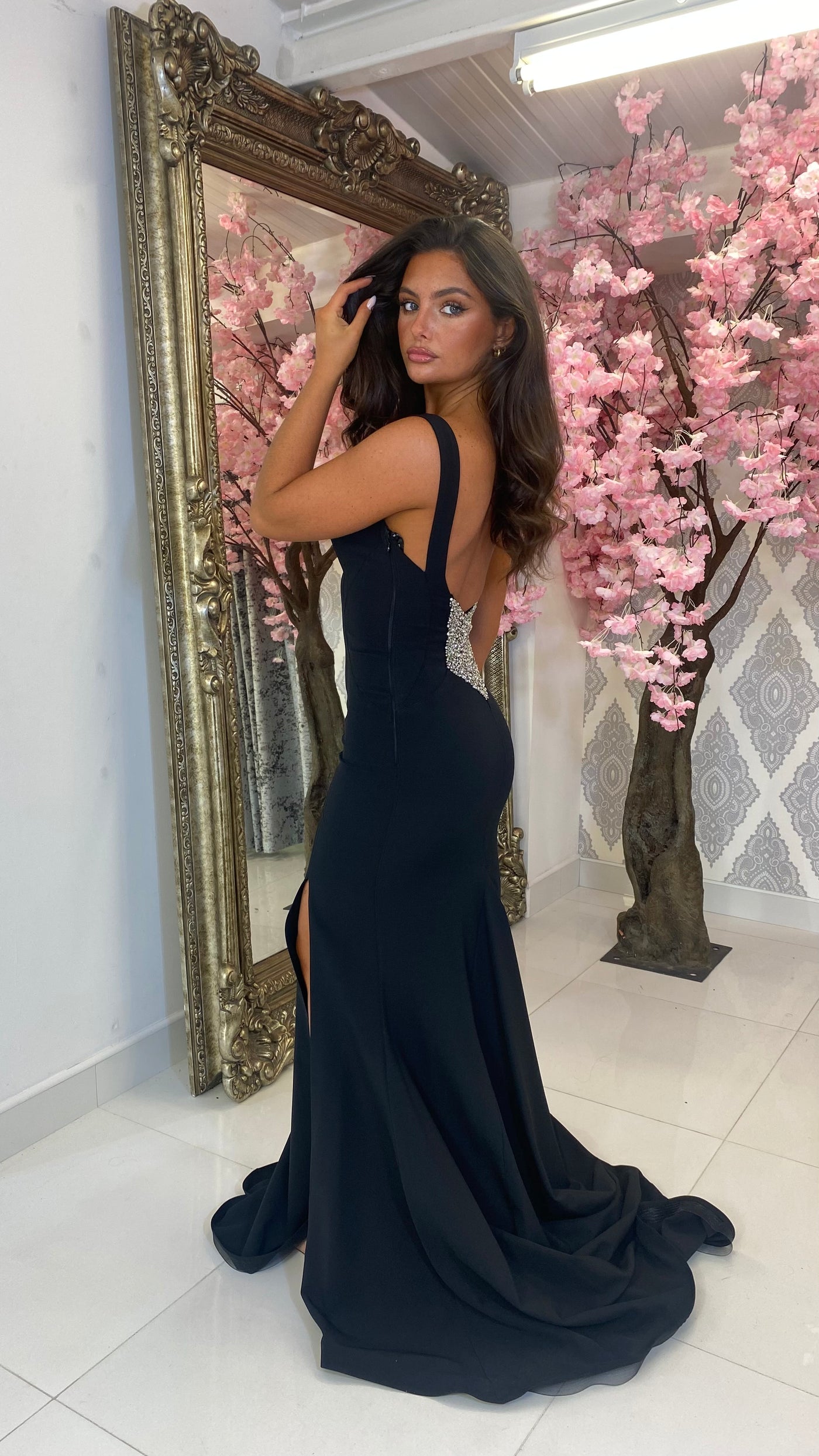 Black High Neck Backless Silver Jewels Full Length Gown