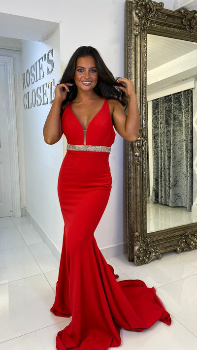 Red V-Neck Jewel Waistband Full Length Gown