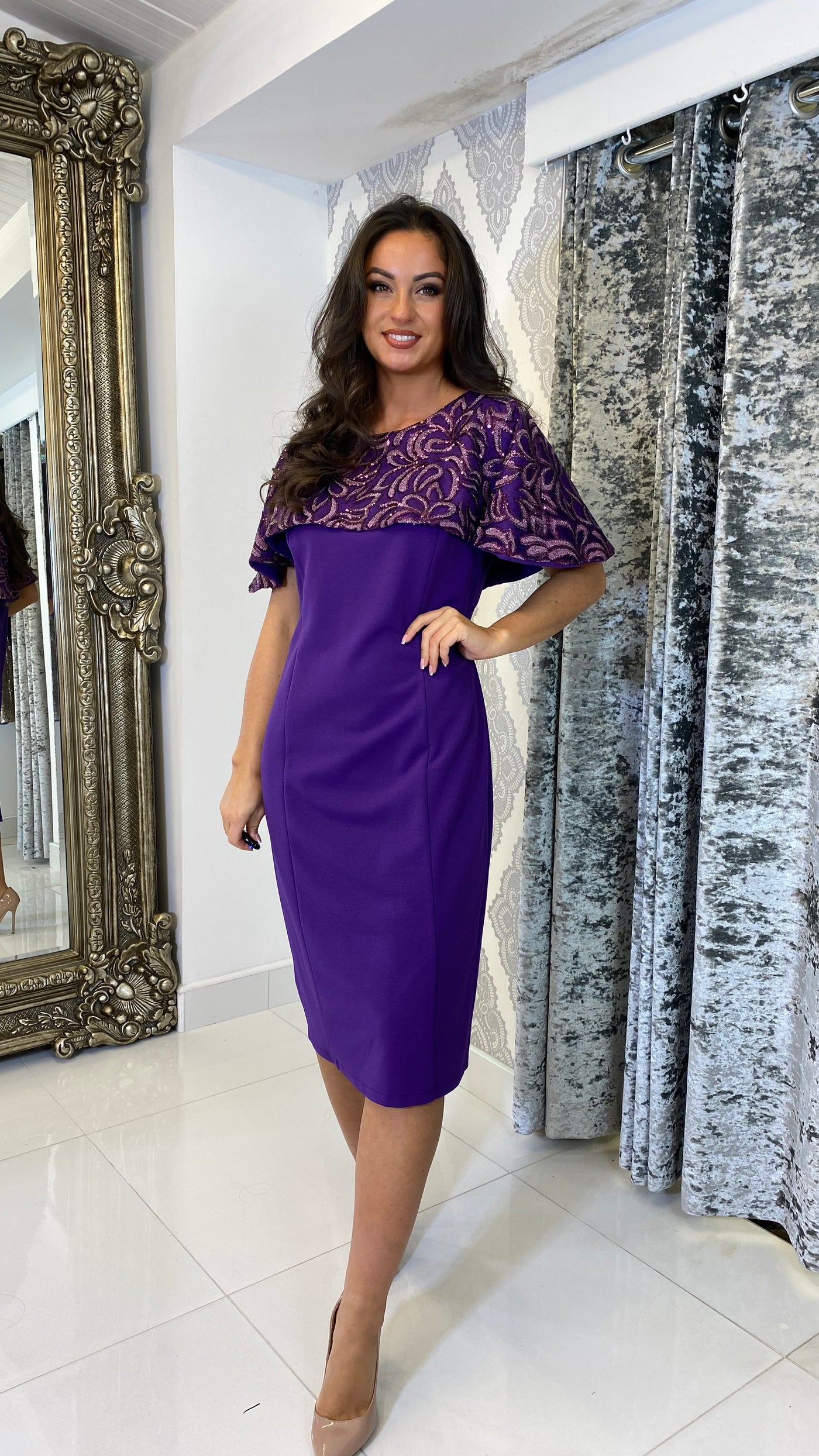 Sequin Detailed Cape Style Midi Dress In Purple