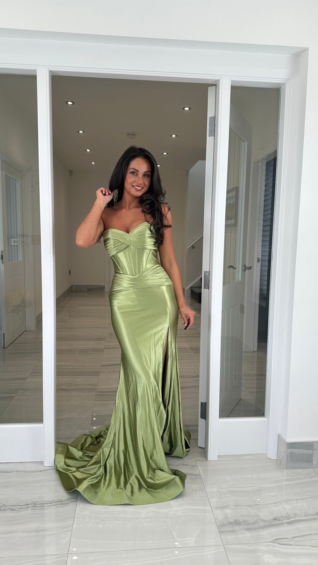 Olive Green Strapless Sweetheart Satin Gown Rosies Closet Olive Green Strapless Sweetheart Satin Gown Rosies Closet