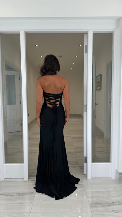 Black Strapless Corset Jewel Split Prom Dress