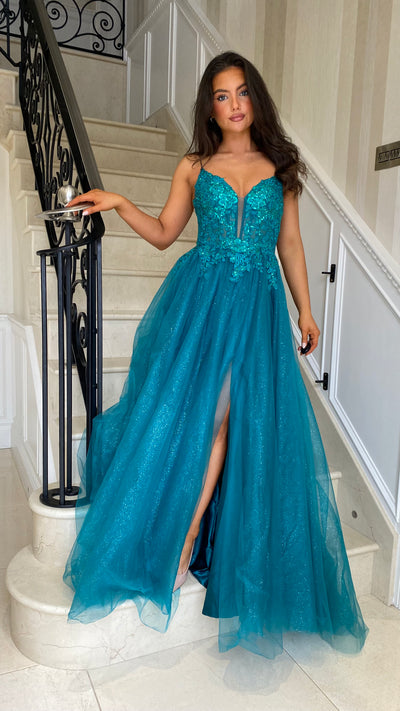 Teal Green Glitter Corset Ball Gown