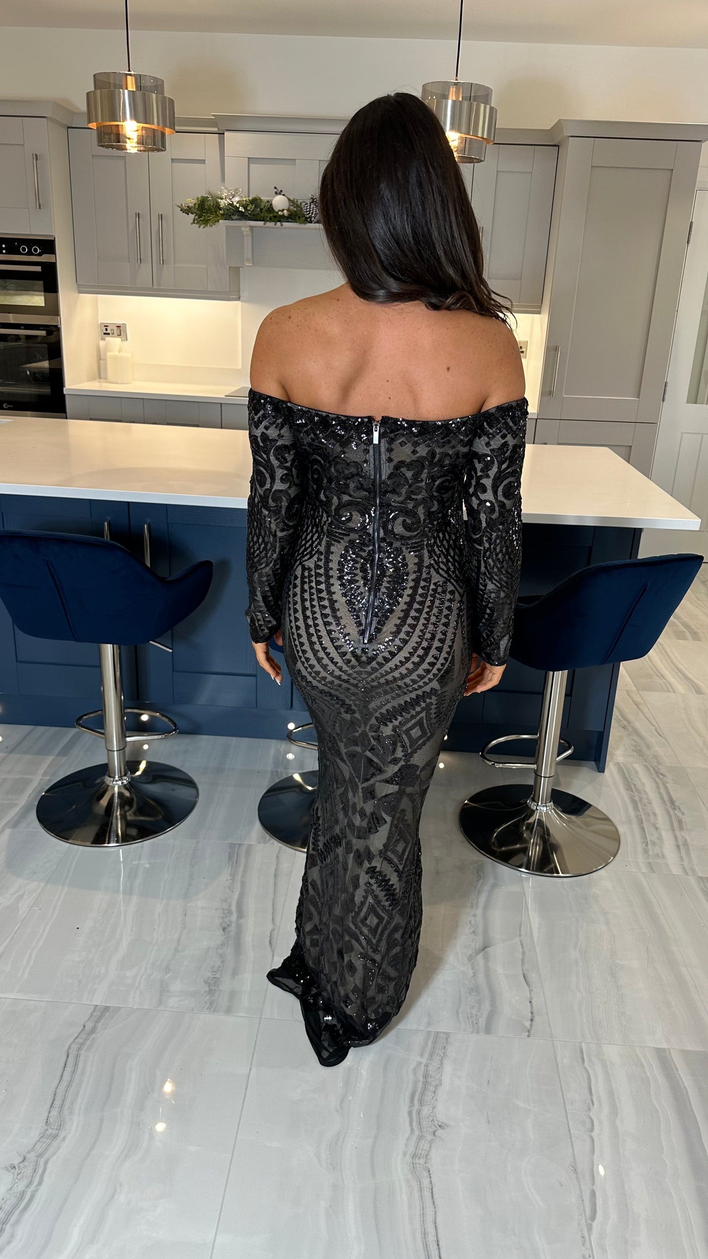 Black Bardot Full Sequin Detailed Maxi Evening Dress