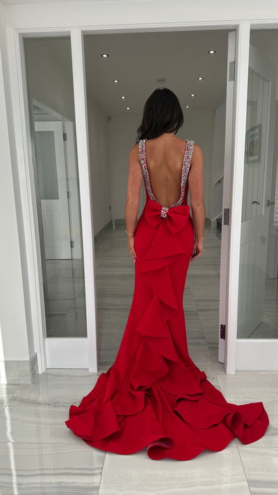 Red Backless Bow Back Evening Gown