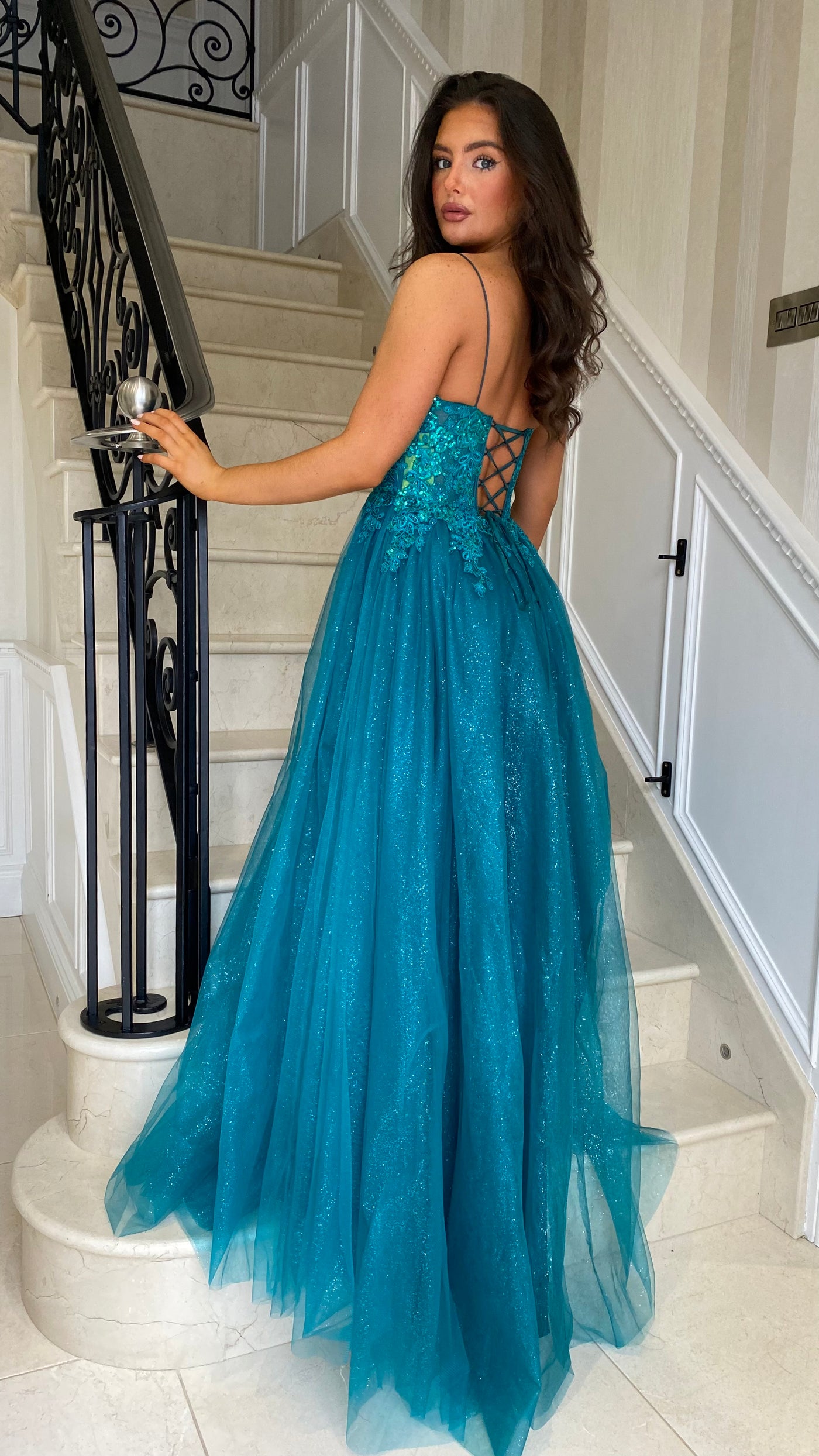 Teal Green Glitter Corset Ball Gown