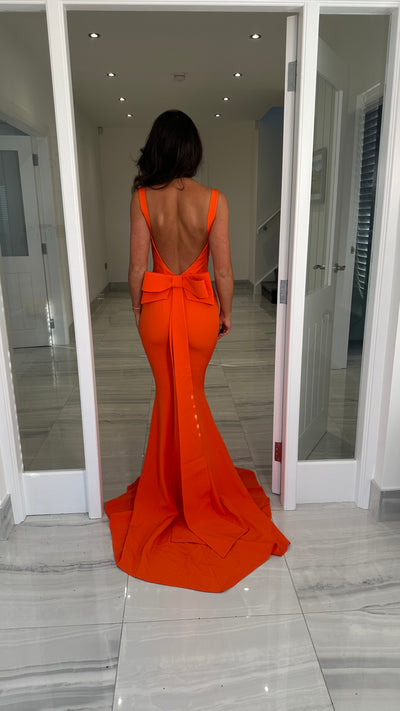 Orange V-Neck Backless Bow Back Prom Dress