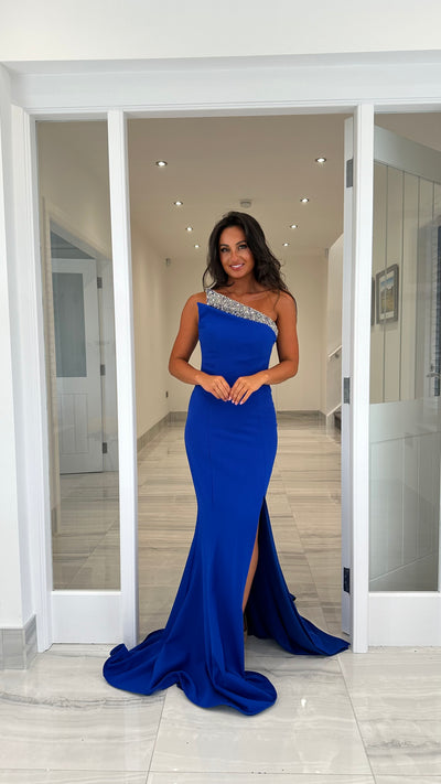 Royal Blue One Shoulder With Silver Embellished Detailed Full Length Gown