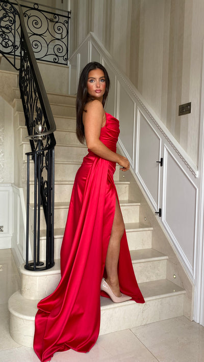 Red Ruched Satin Strapless Full Length Gown