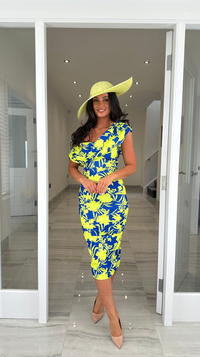 Cobalt and Lime Floral Print Drape Shoulder Midi Bodycon Dress