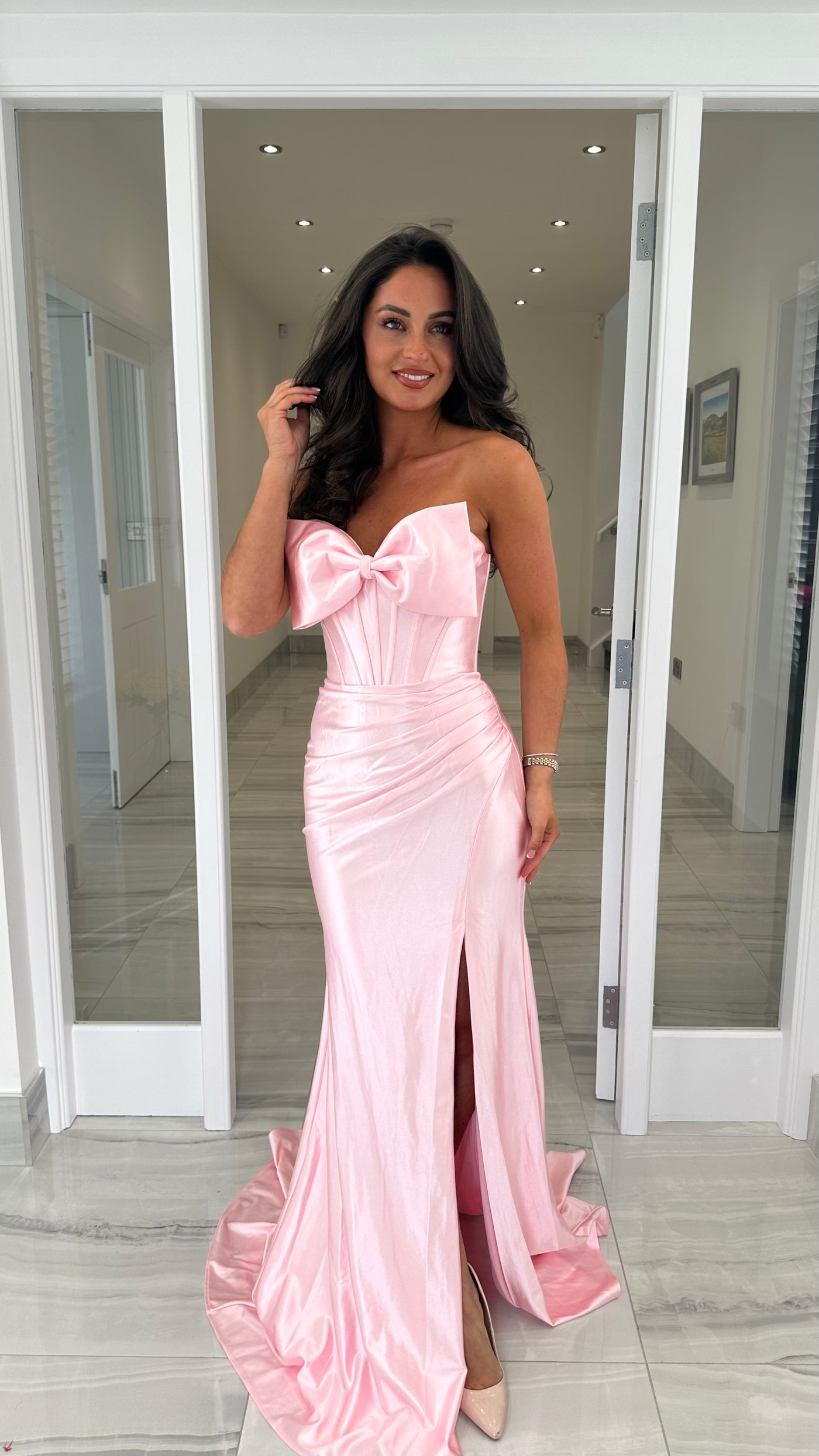 Baby Pink Satin Bow Front Gown