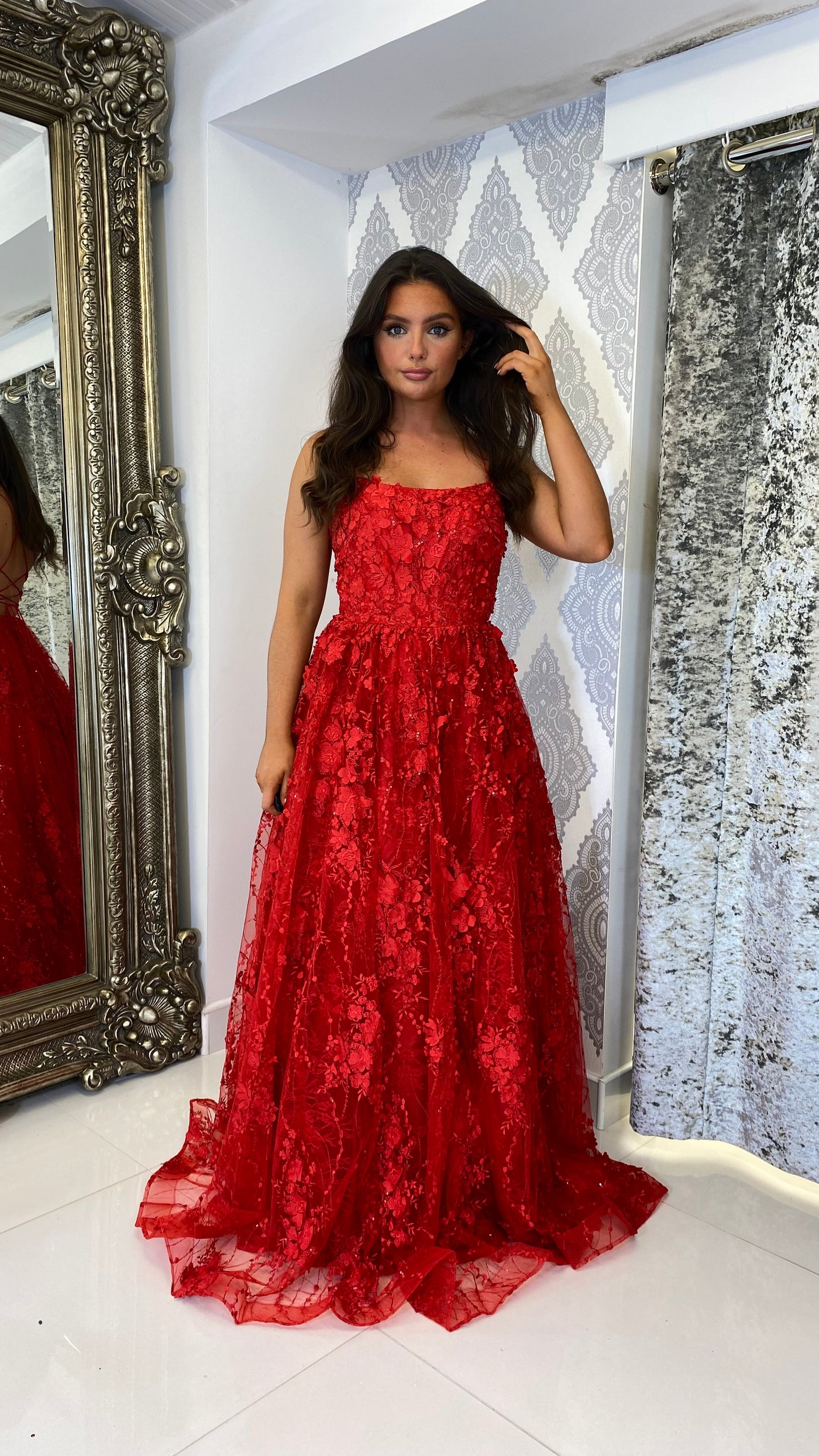 Red Floral Style Ball Gown