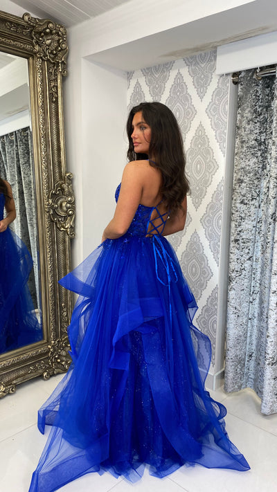 Royal Blue Tiered Skirt Corset Ball Gown