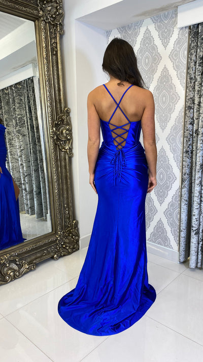 Cobalt Blue Satin Corset Style Full Length Gown