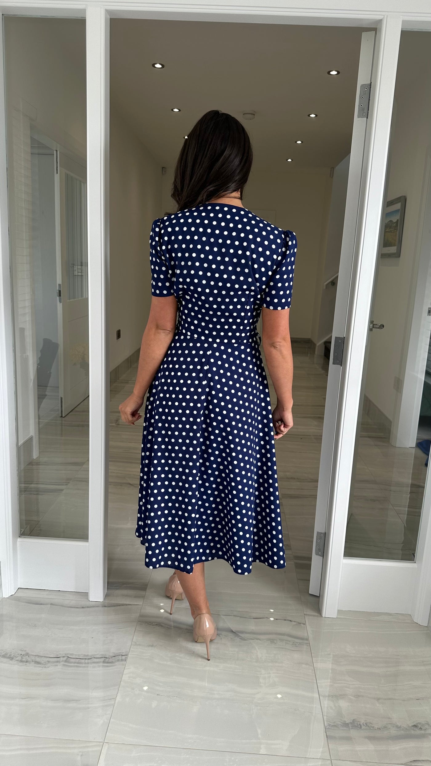 Navy Polka Dot Midi Swing Dress