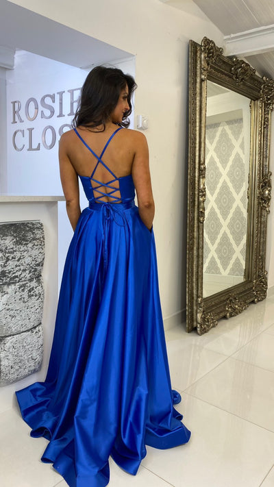 Royal Blue Satin Straight Neck Corset Ball Gown