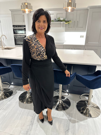 Black & Leopard Print Wrap Front Ruched Midi
