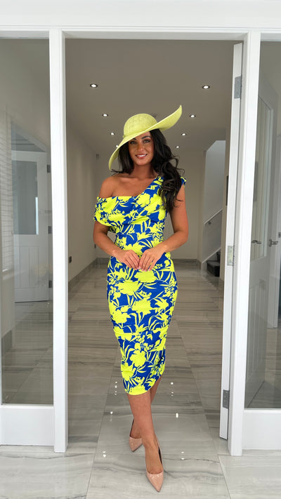Cobalt and Lime Floral Print Drape Shoulder Midi Bodycon Dress