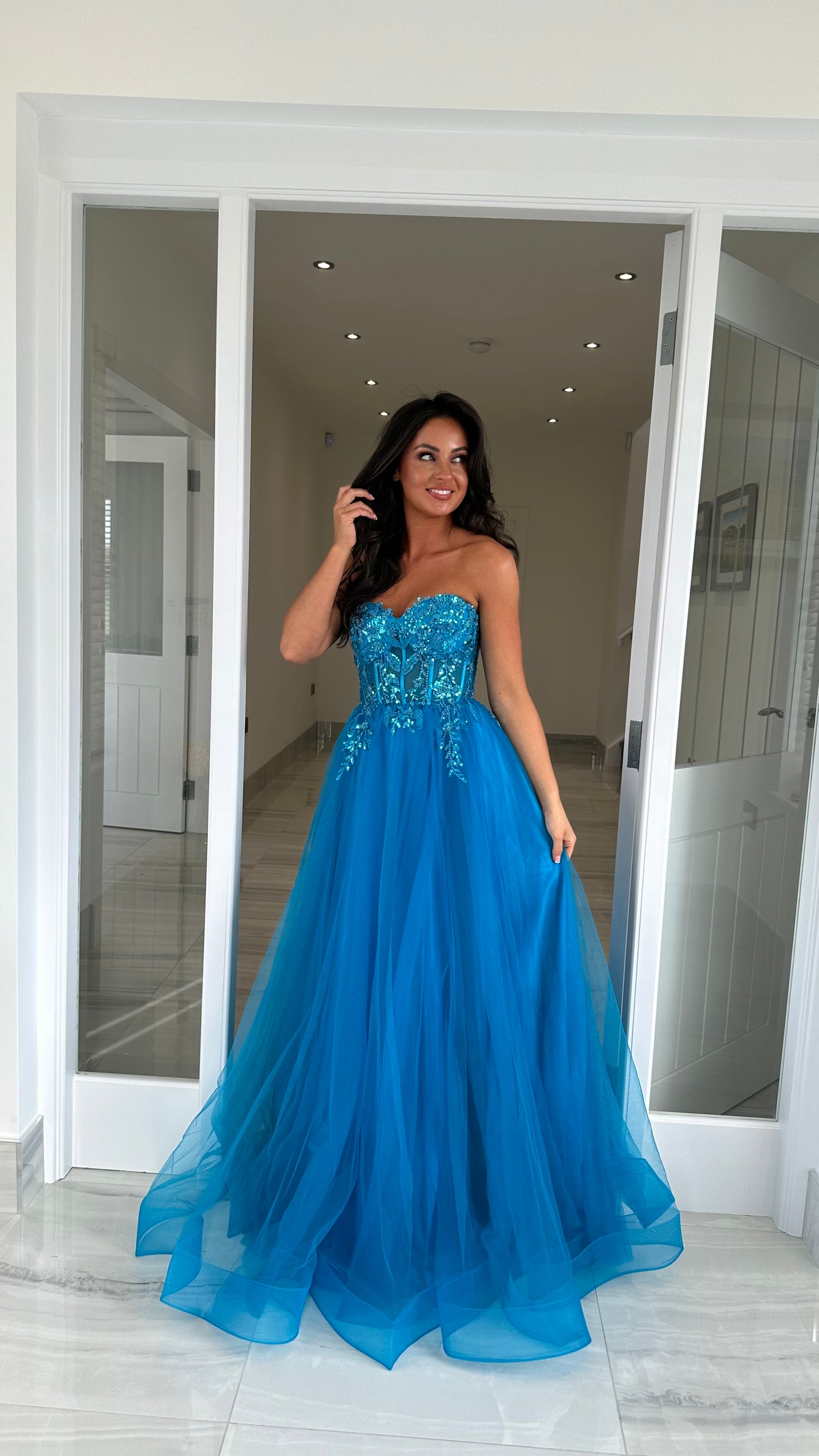 Aqua Mesh Corset Strapless Ball Gown – Rosies Closet