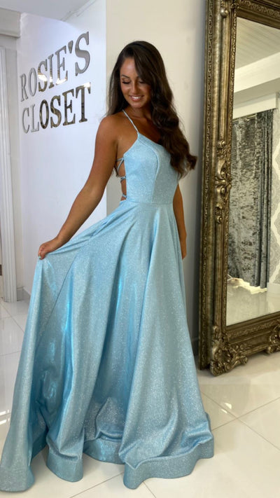 Baby Blue Glitter Tie Back Ball Gown