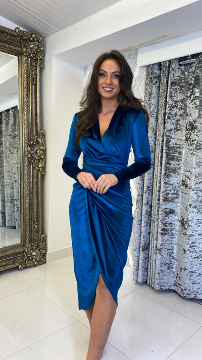 Teal Midi Ruched Dress Velvet Cocktail Dress