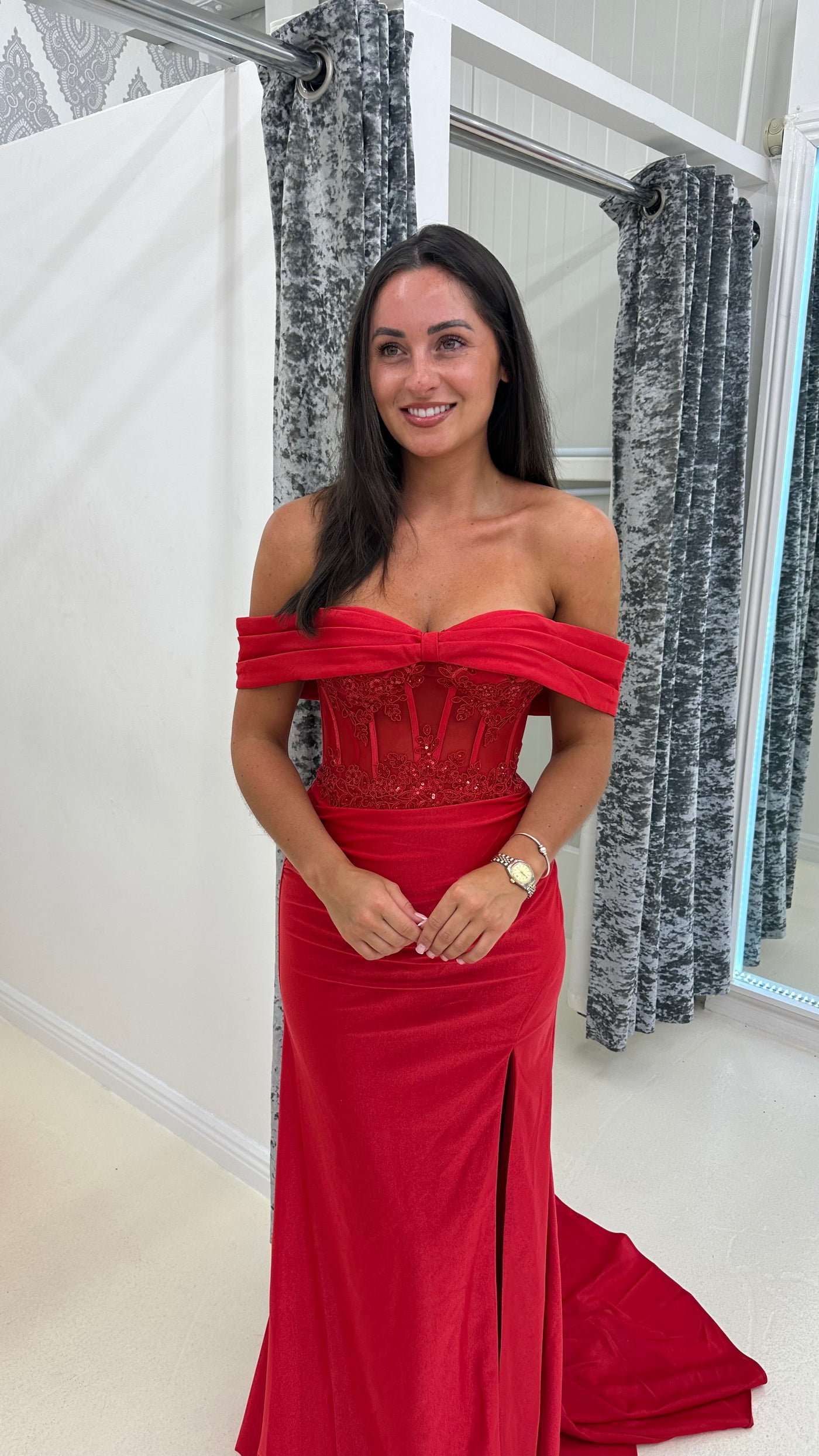Red Bardot Mesh Lace Corset Prom Dress