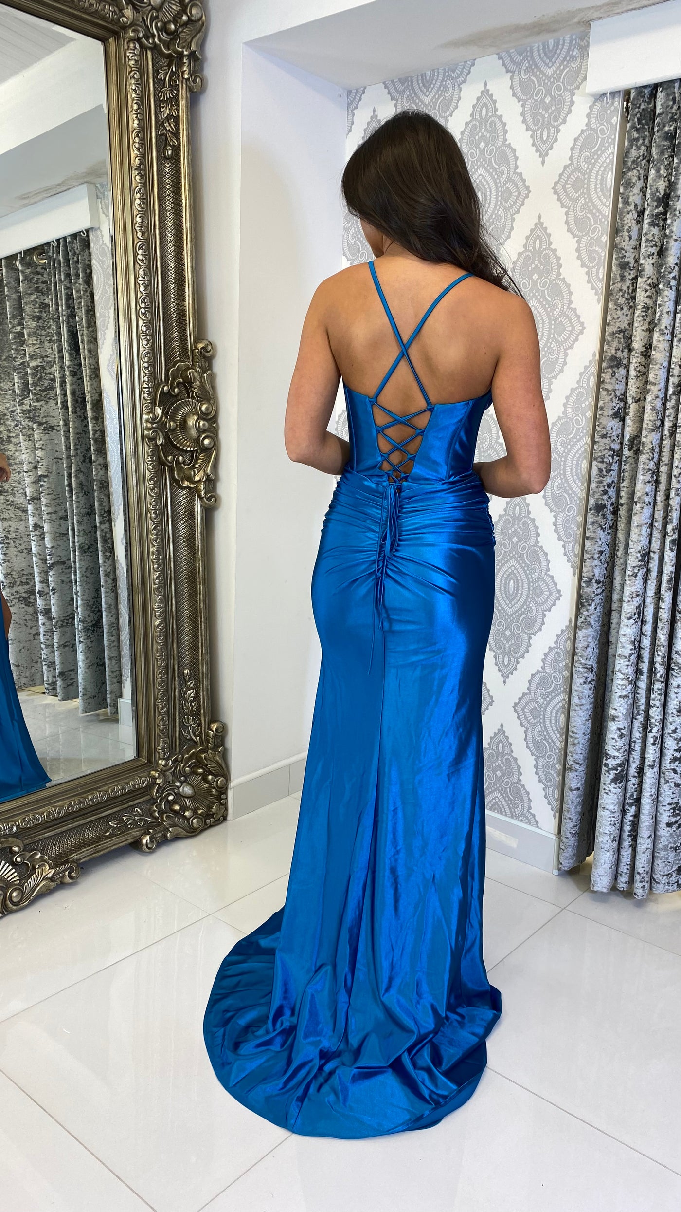 Satin Corset Style Full Length Gown In Teal