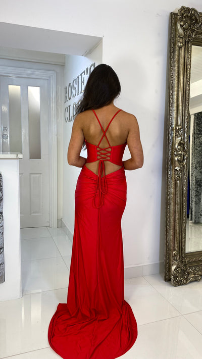Red Corset Jewel Cup Full Length Gown