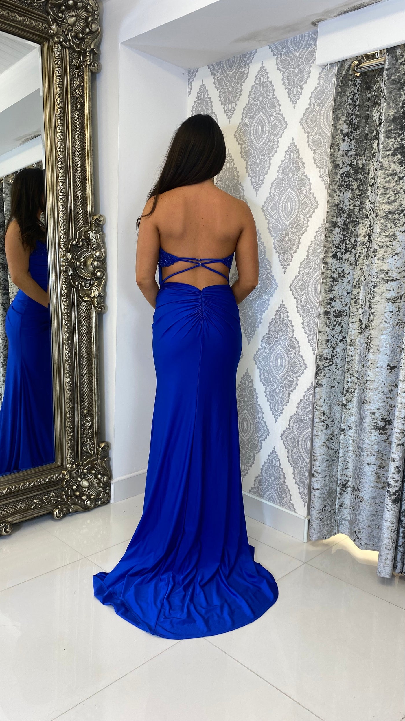 Cobalt Blue Strapless Detail Open Back Evening Gown