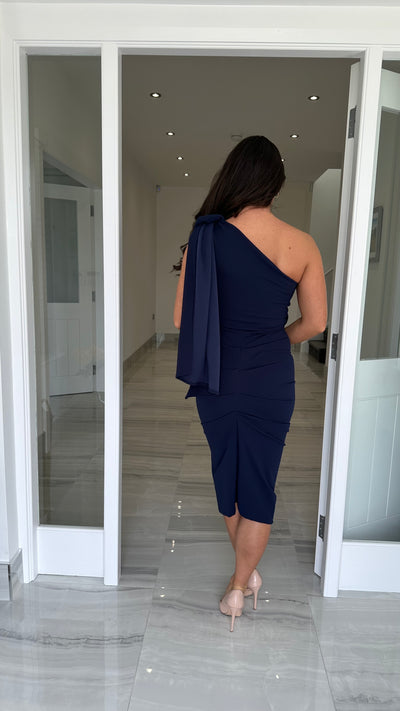 Drape One Shoulder Wedding Guest Dress In Navy Blue