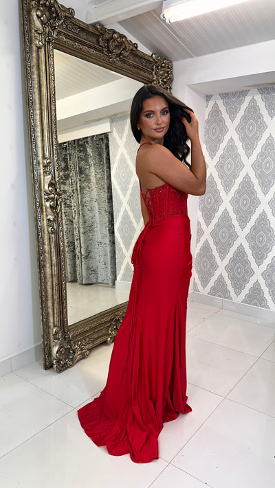 Red Jewel Corset Detail Prom Dress