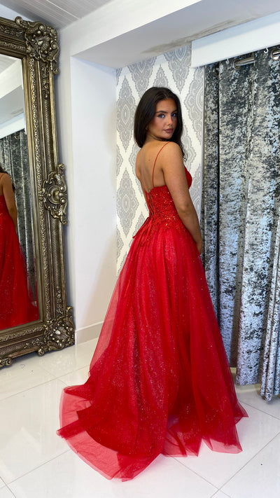 Red Glitter Corset Ball Gown