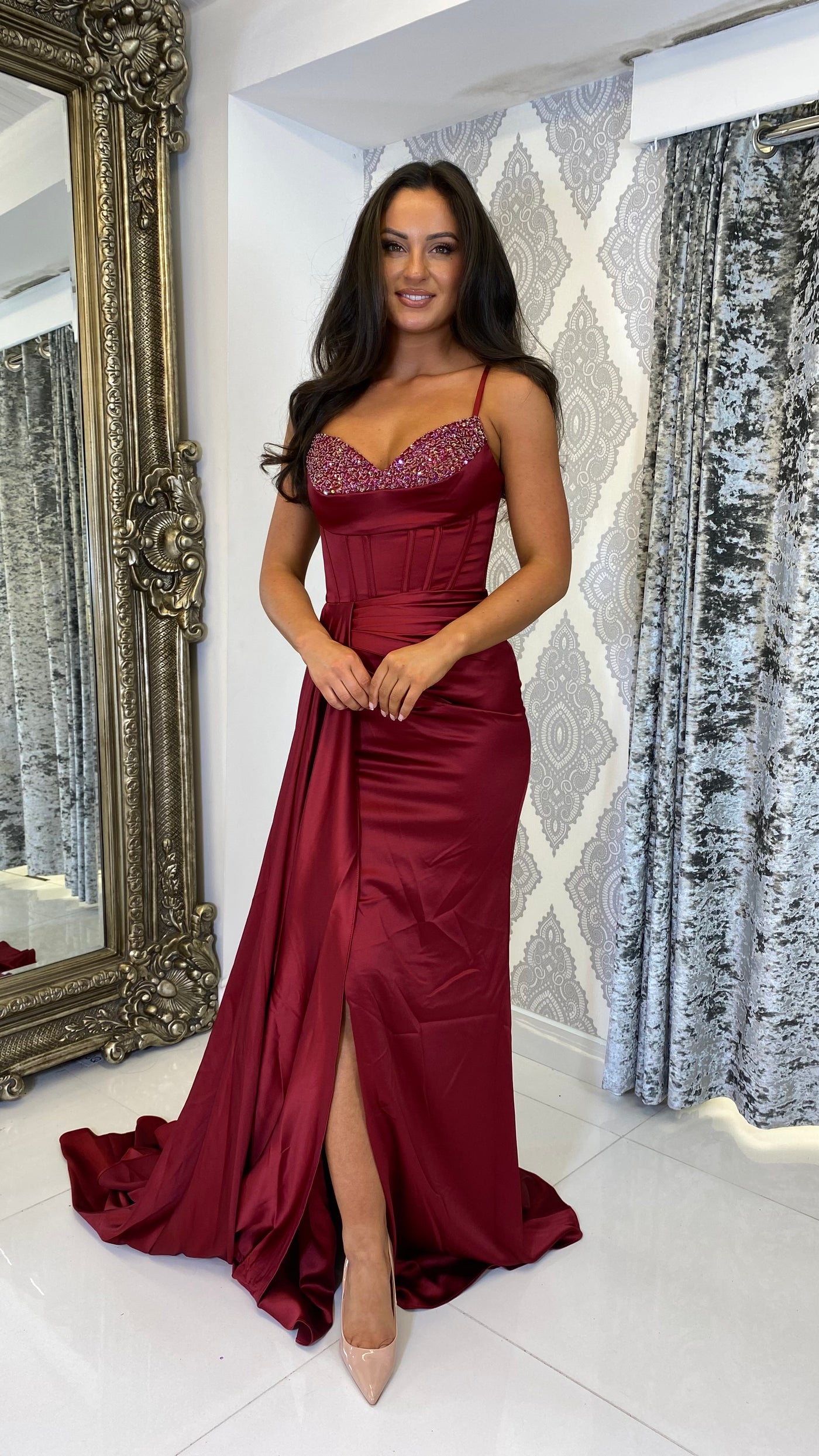 Burgundy Sequin Cup Satin Full Length Gown