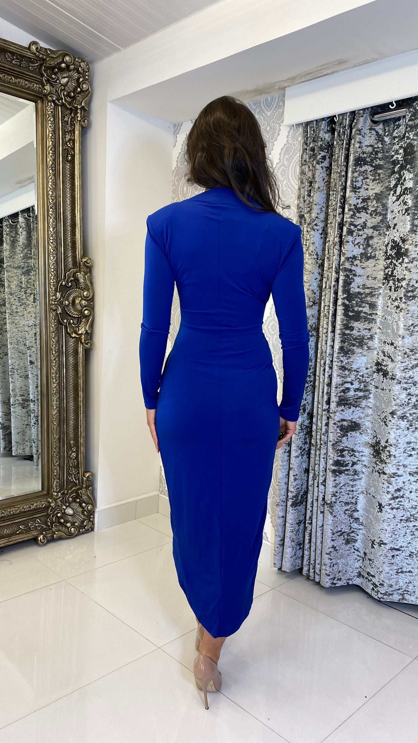 Midi Ruched Front Cocktail Dress In Royal Blue
