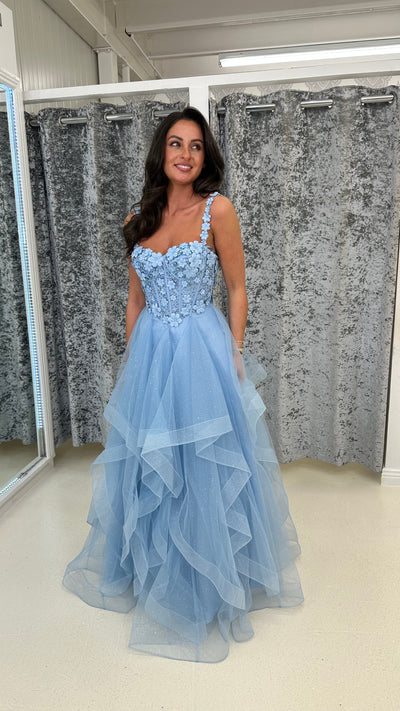 Baby Blue Flower Embroidery Corset Tiered Skirt Ball Gown