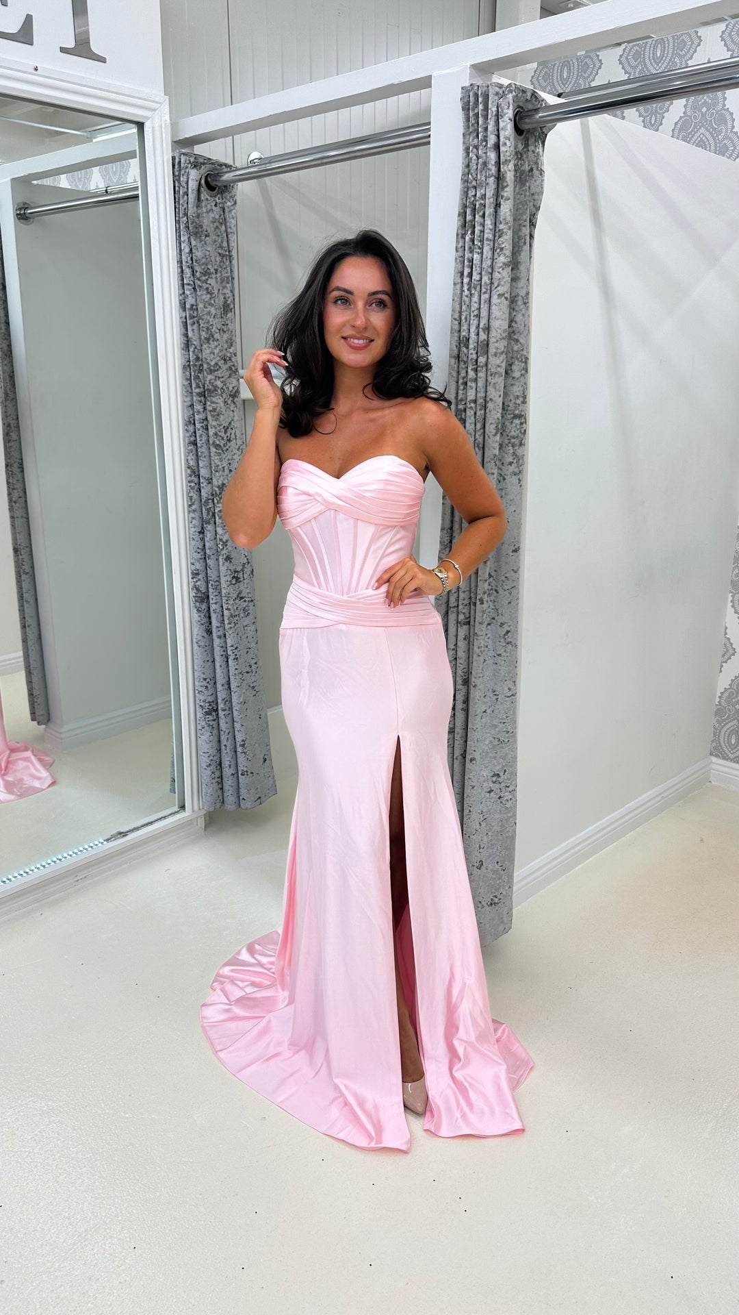 Baby Pink Strapless Sweetheart Satin Gown  Rosies Closet