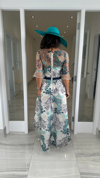 Navy Floral Embroidery Dip Hem Skater Dress