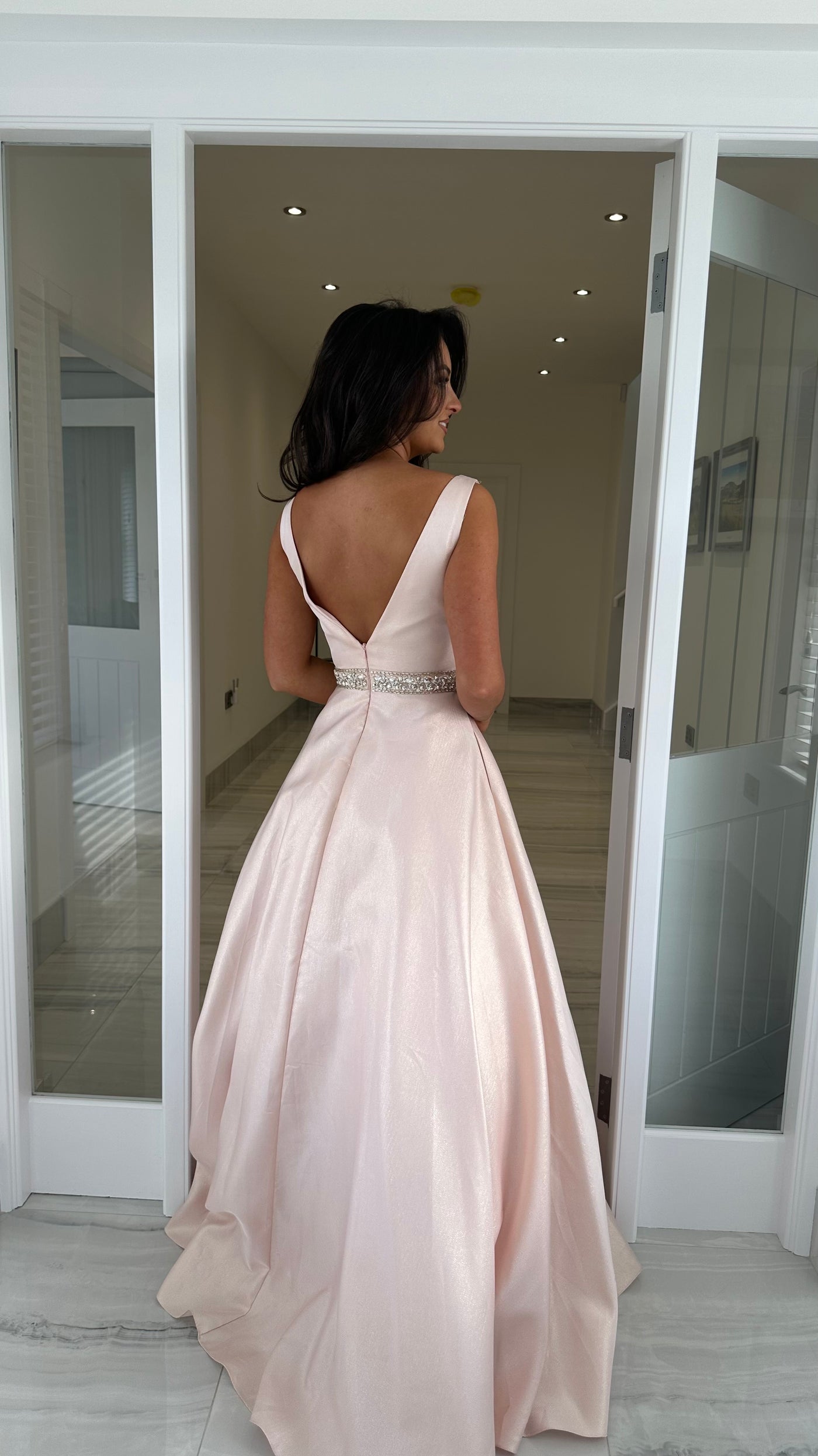 Pale Pink V-Neck Ball Gown