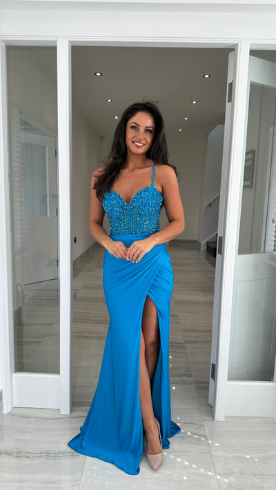 Teal Jewel Corset Style Prom Gown