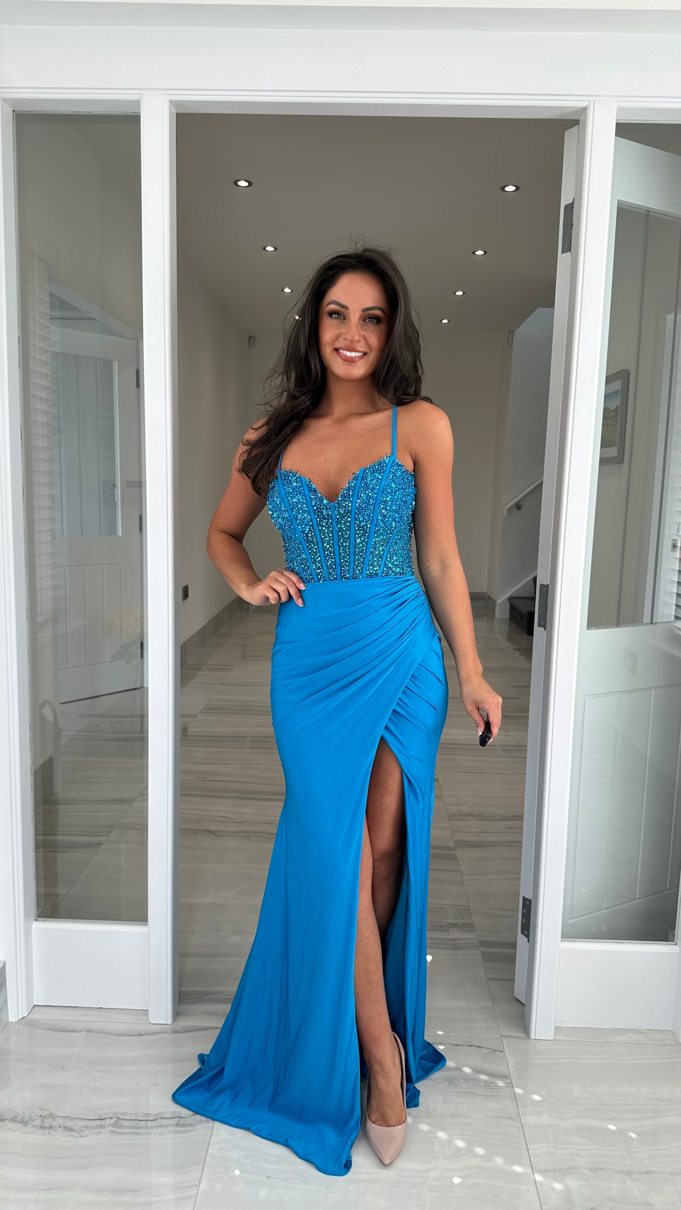 Teal Jewel Corset Style Prom Gown