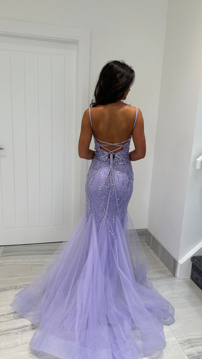Lilac Jeweled Fishtail Corset Back Prom Dress
