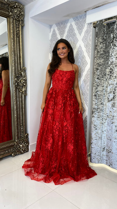 Red Floral Style Ball Gown