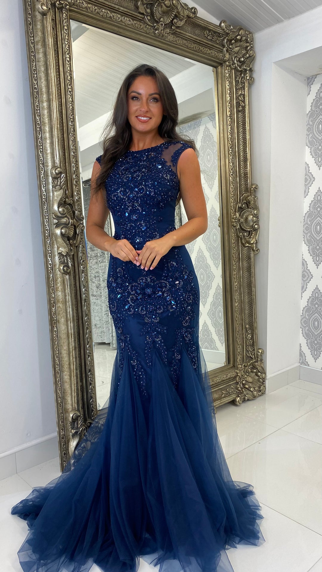Navy Cap Sleeve Jewelled Fishtail Gown Rosies Closet