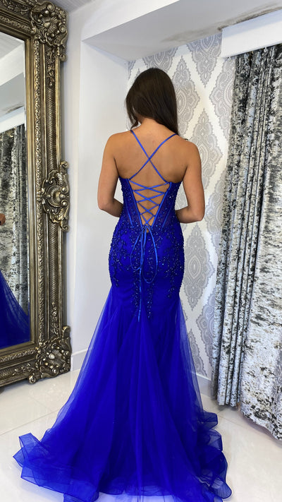 Royal Blue Lace Corset Fishtail Full Length Gown