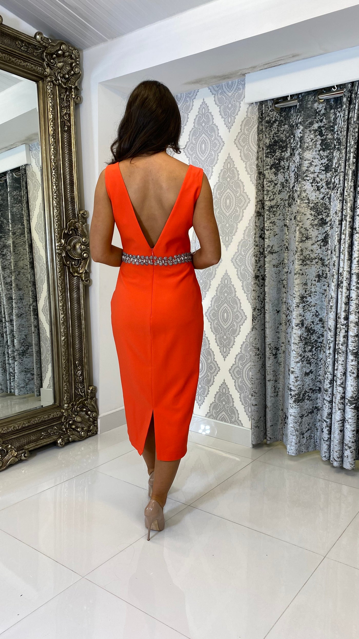 Coral V-Neck Midi Dress