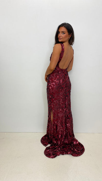Wine Sequin High Neck Mermaid Style Gown
