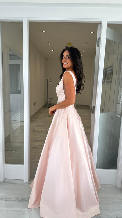 Pale Pink V-Neck Ball Gown